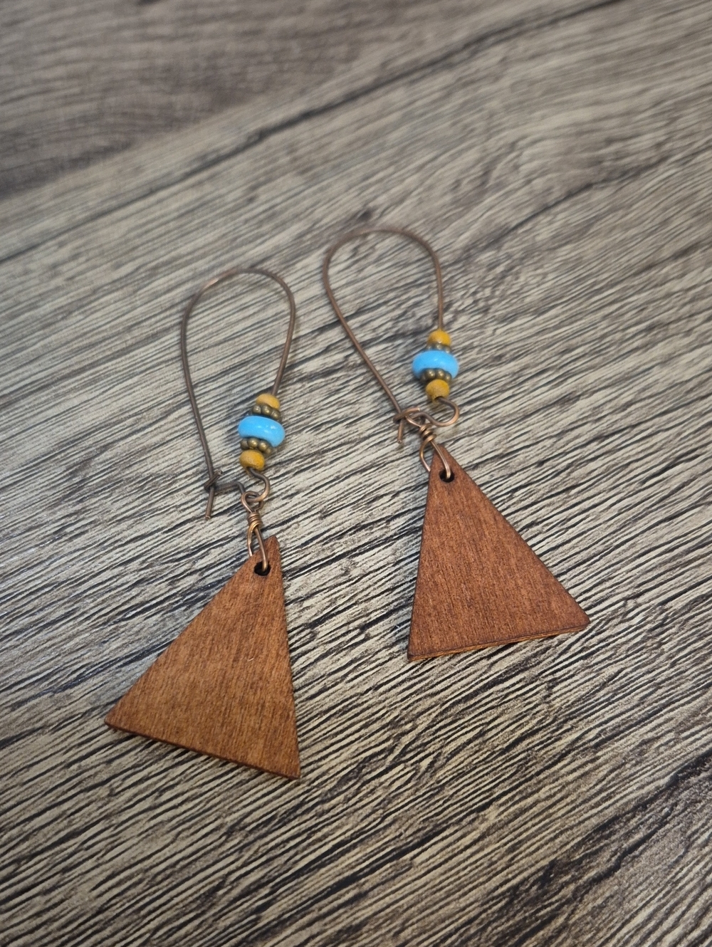 💥3/$12💥 Wooden Triangle Beaded Dangle Earrings with Turquoise Accent